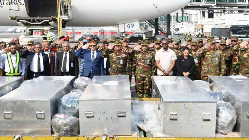 দক্ষিণ সুদানে সন্ত্রাসী হামলায় নিহত ছয় বাংলাদেশি শান্তিরক্ষীর মরদেহ দেশে প্রত্যাবর্তন