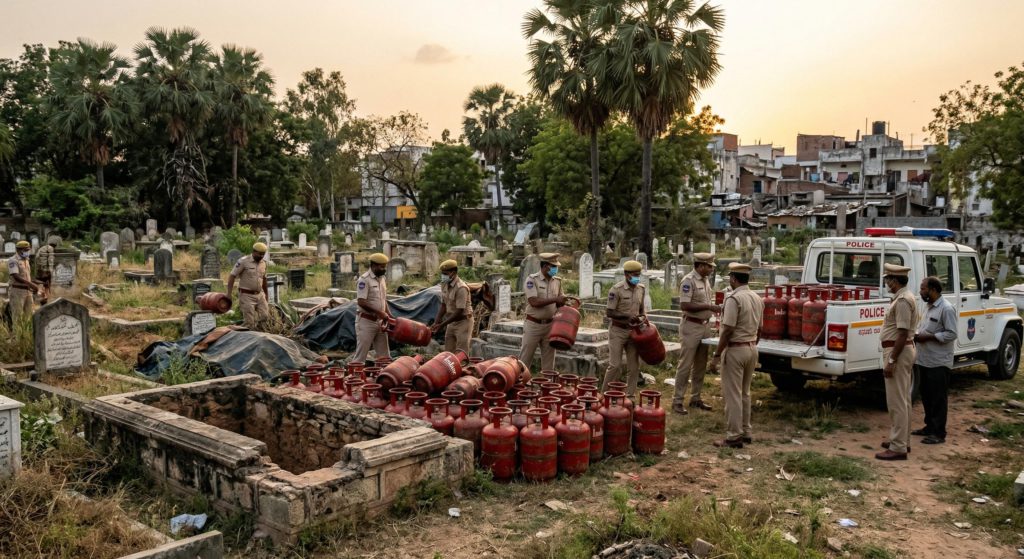 ভারতের হায়দরাবাদে কবরস্থান থেকে ৪১৪টি গ্যাস সিলিন্ডার জব্দ